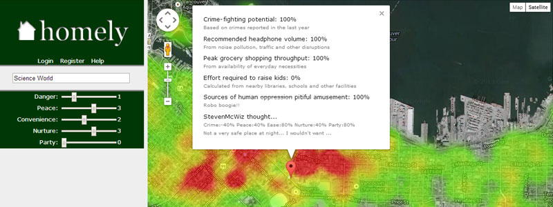 Homely main page with filters, heatmap, and popup bubble box.